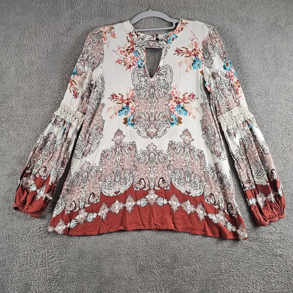 Coco + Jaimeson Floral Paisley Crochet Bell Sleeve Tunic Top Rust Cream S